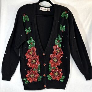 Vintage Embellished Christmas Sweater Black Lambs Wool Angora
